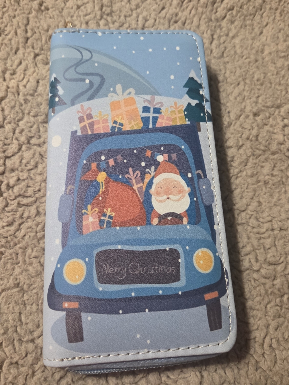 Holiday Santa Wallet Clutch - Light Blue Christmas Design